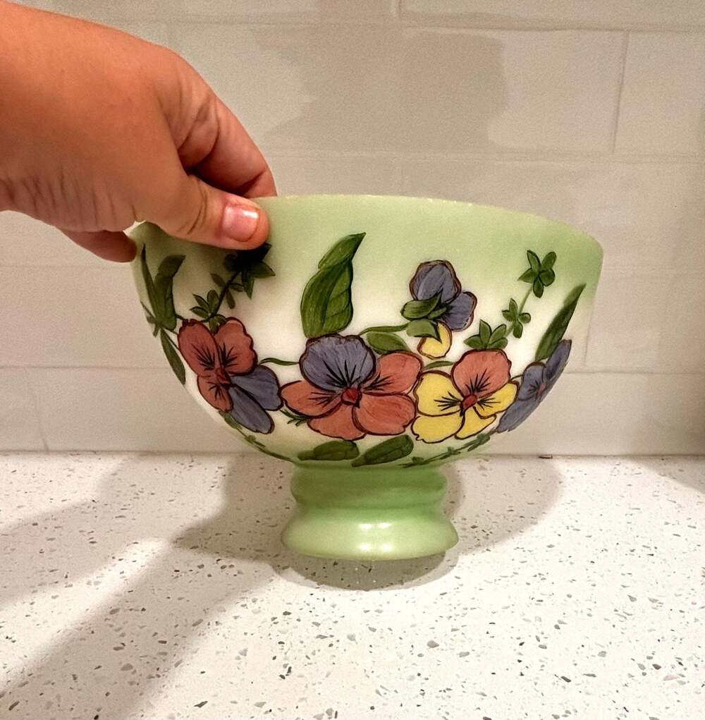 Vintage Hand Painted Milk Glass Floral Bowl with Pansy Motif